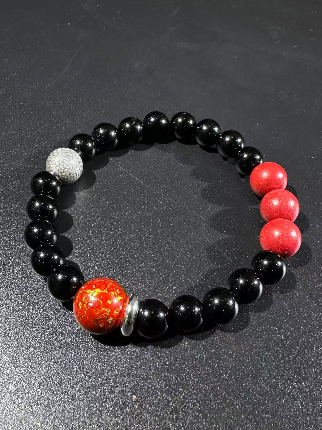 Black Obsidian Bracelet, Sterling Silver Dragon Scale Spacers, Oriental Lacquer Beads, Grounding Talisman