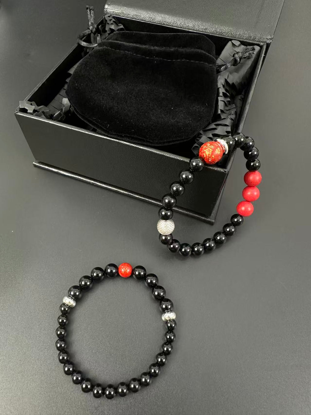 Black Obsidian Bracelet, Sterling Silver Dragon Scale Spacers, Oriental Lacquer Beads, Grounding Talisman