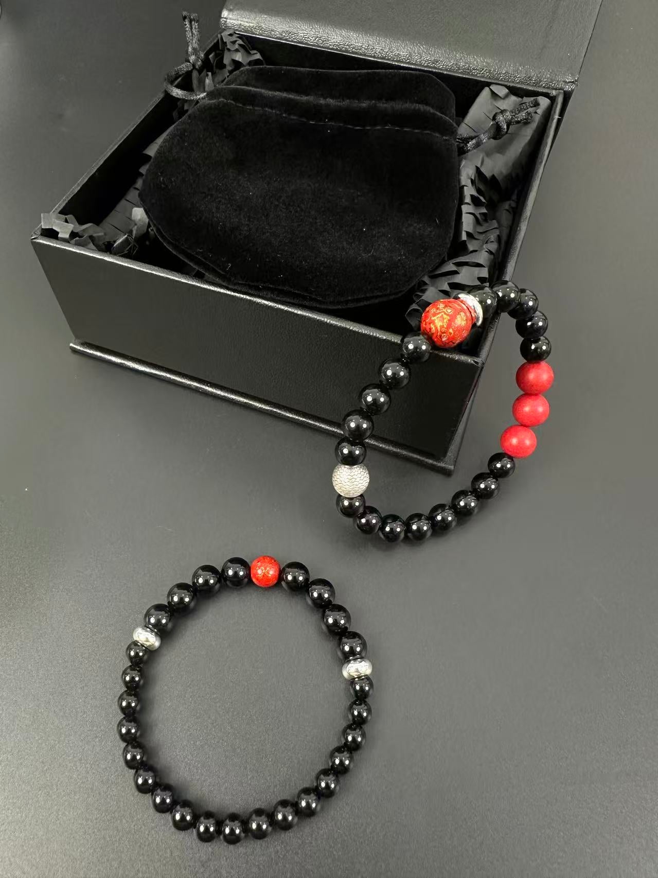 Black Obsidian Bracelet, Sterling Silver Dragon Scale Spacers, Oriental Lacquer Beads, Grounding Talisman