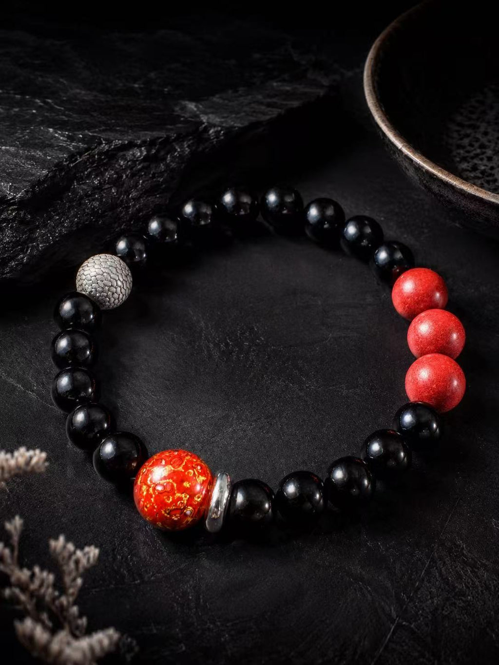 Black Obsidian Bracelet, Sterling Silver Dragon Scale Spacers, Oriental Lacquer Beads, Grounding Talisman