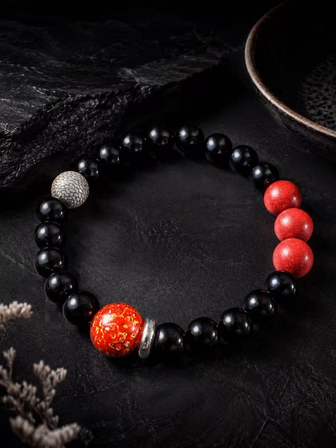 Black Obsidian Bracelet, Sterling Silver Dragon Scale Spacers, Oriental Lacquer Beads, Grounding Talisman