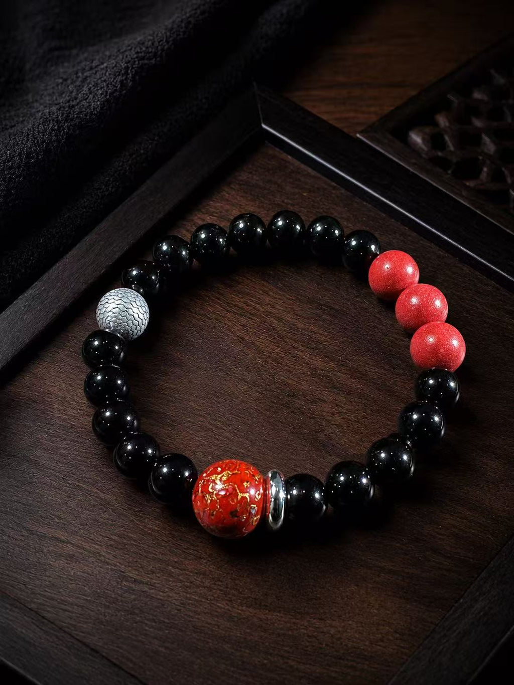 Black Obsidian Bracelet, Sterling Silver Dragon Scale Spacers, Oriental Lacquer Beads, Grounding Talisman