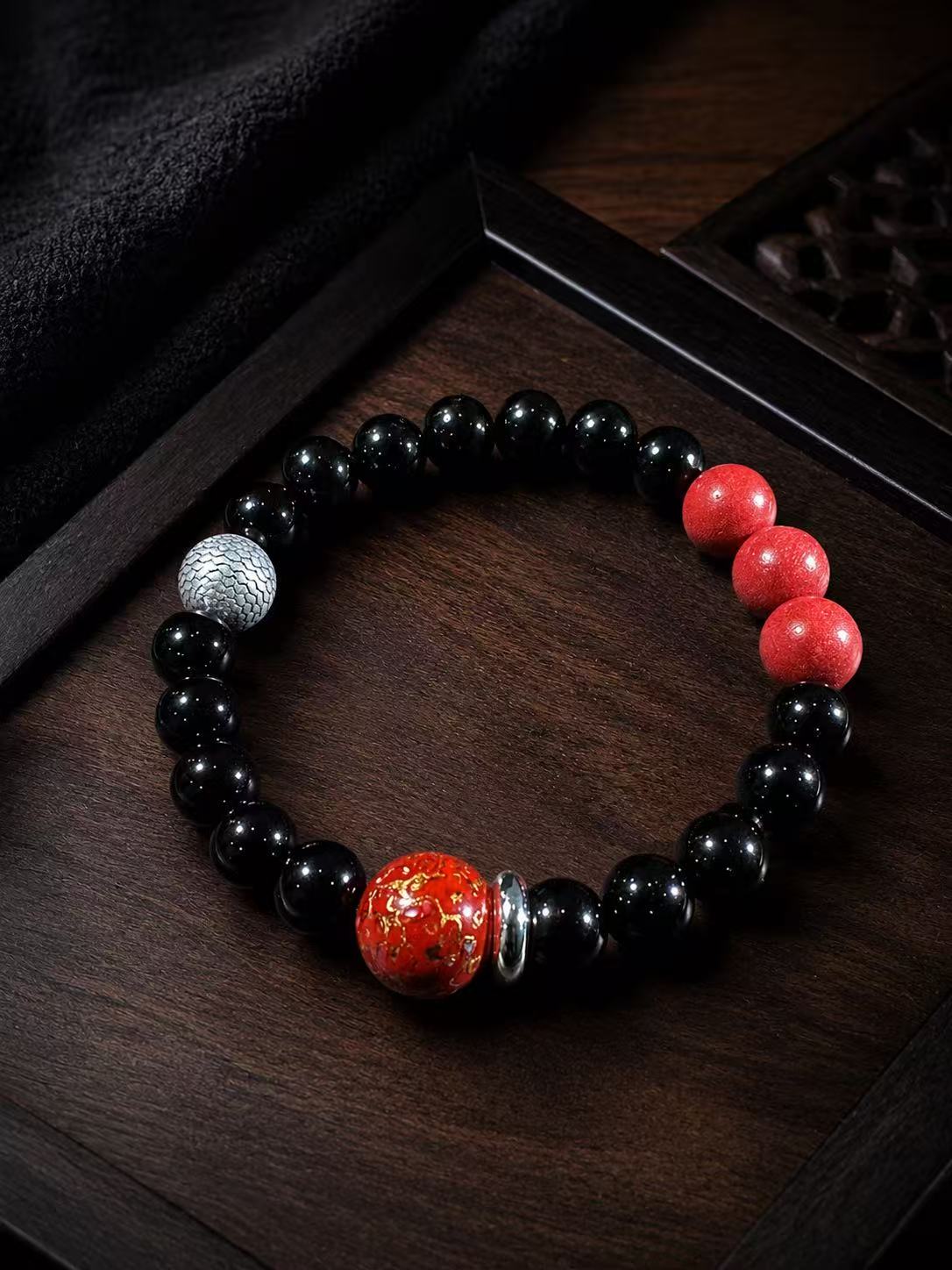 Black Obsidian Bracelet, Sterling Silver Dragon Scale Spacers, Oriental Lacquer Beads, Grounding Talisman