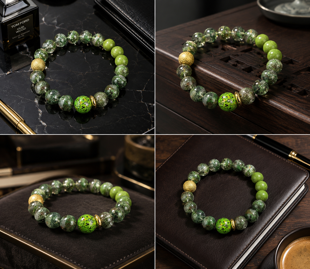 Green Phantom Quartz Bracelet, Half-Pot Inclusions, Wealth Crystal, Mixed Gem Stretch Bracelet