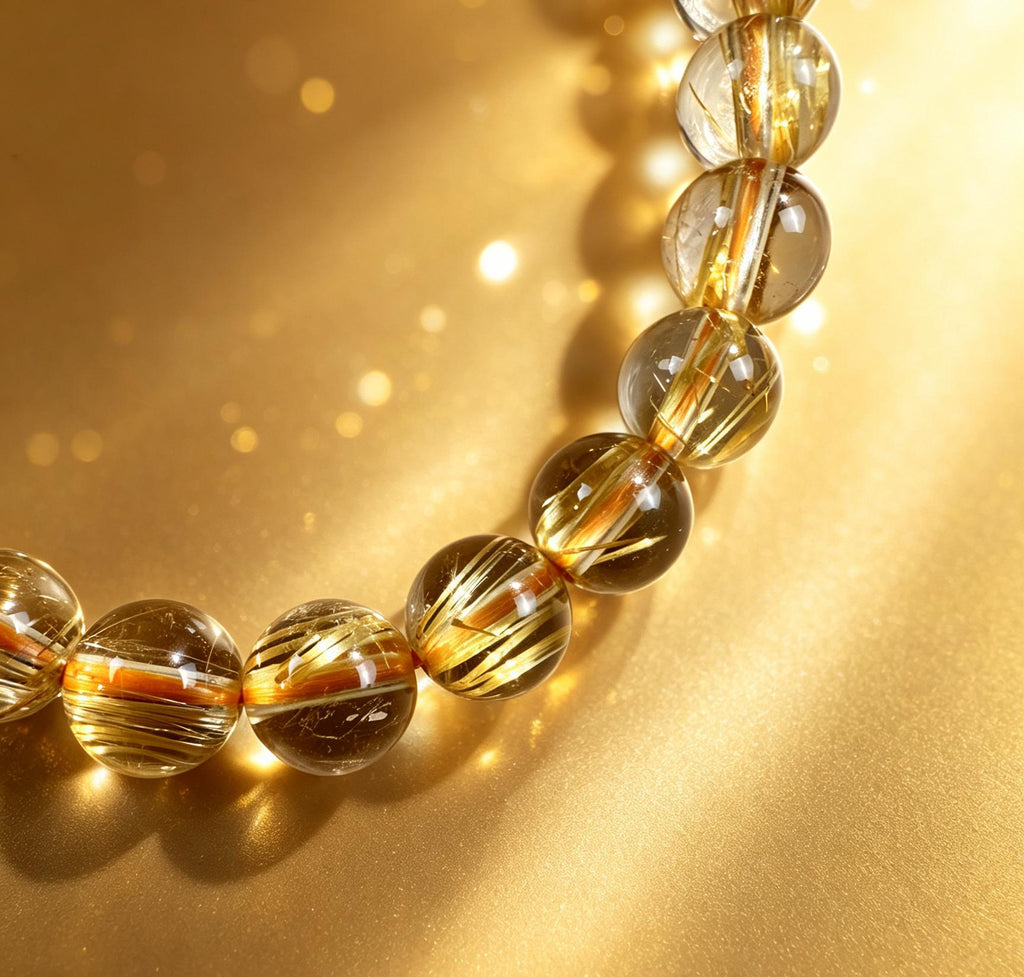 Natural Titanium Rutilated Quartz Bracelet | Thick Blade Golden Rutile, Glass Body, 7.5mm