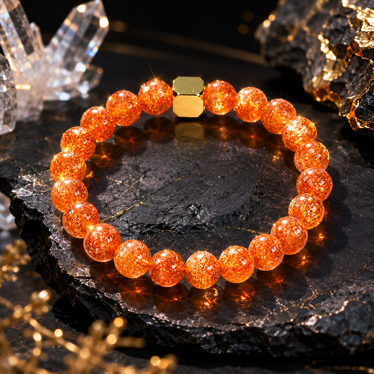 Sunstone Beaded Bracelet, 8mm Genuine Gemstone, Stretch Crystal Jewelry,Emotional & Self-Empowerment