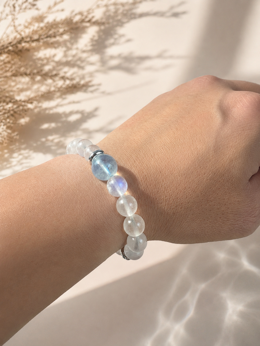 Blue Moonstone Bracelet, Sunstone,  9mm beaded bracelet, Handmade  Jewelry, positive energy.