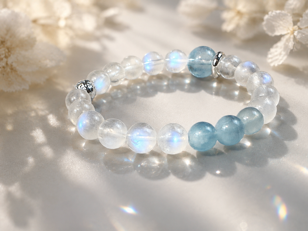 Blue Moonstone Bracelet, Sunstone,  9mm beaded bracelet, Handmade  Jewelry, positive energy.