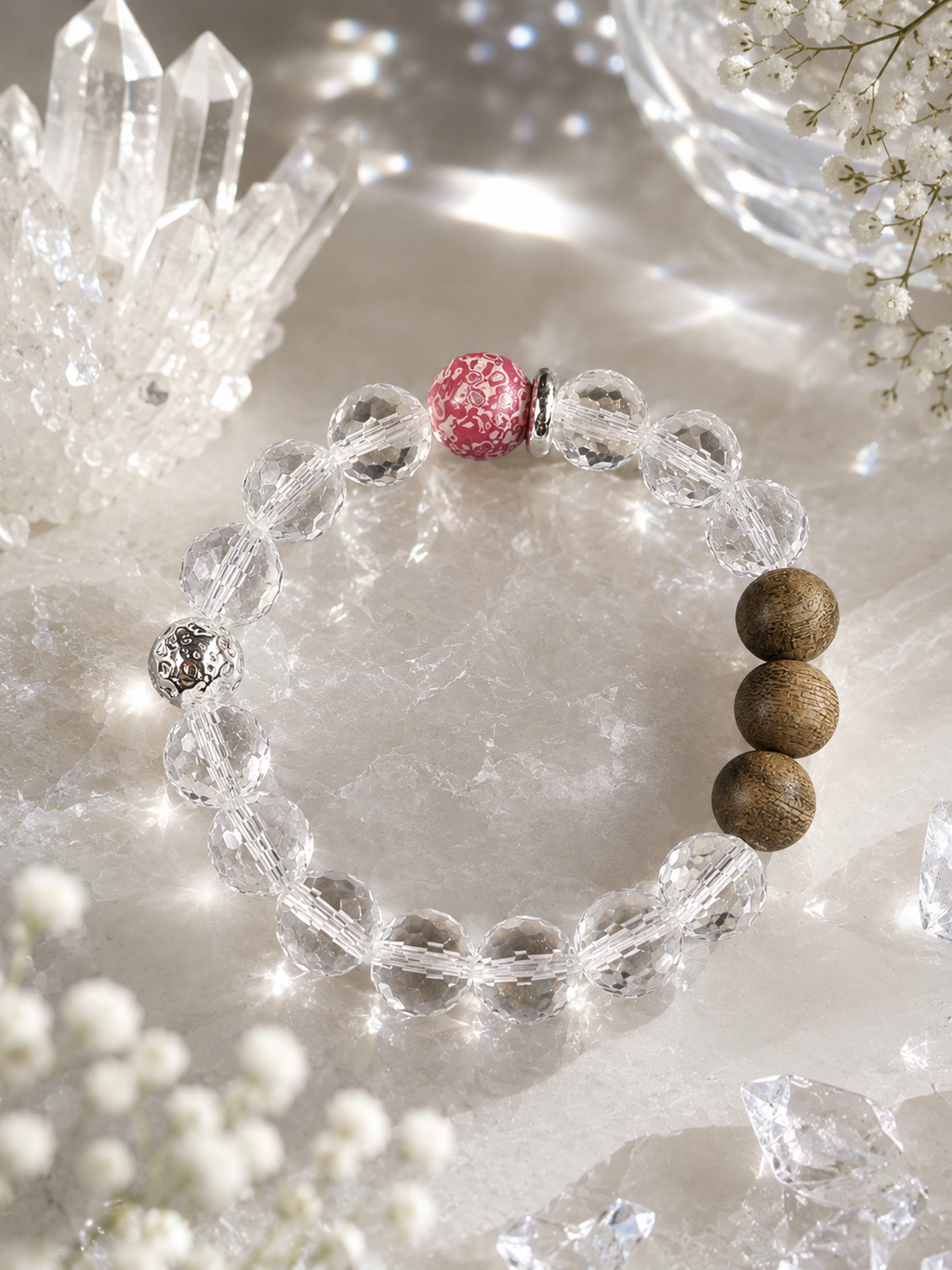 Super Clear Quartz Bracelet with Agarwood and Lacquer Bead | Oriental Crystal Jewelry