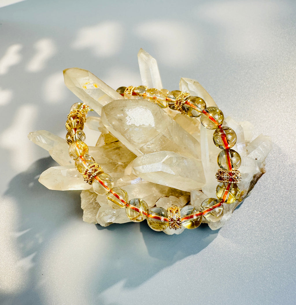 8mm Clear Titanium Rutilated Quartz Bracelet with Rose Gold Tone Spacers, Wealth Crystal