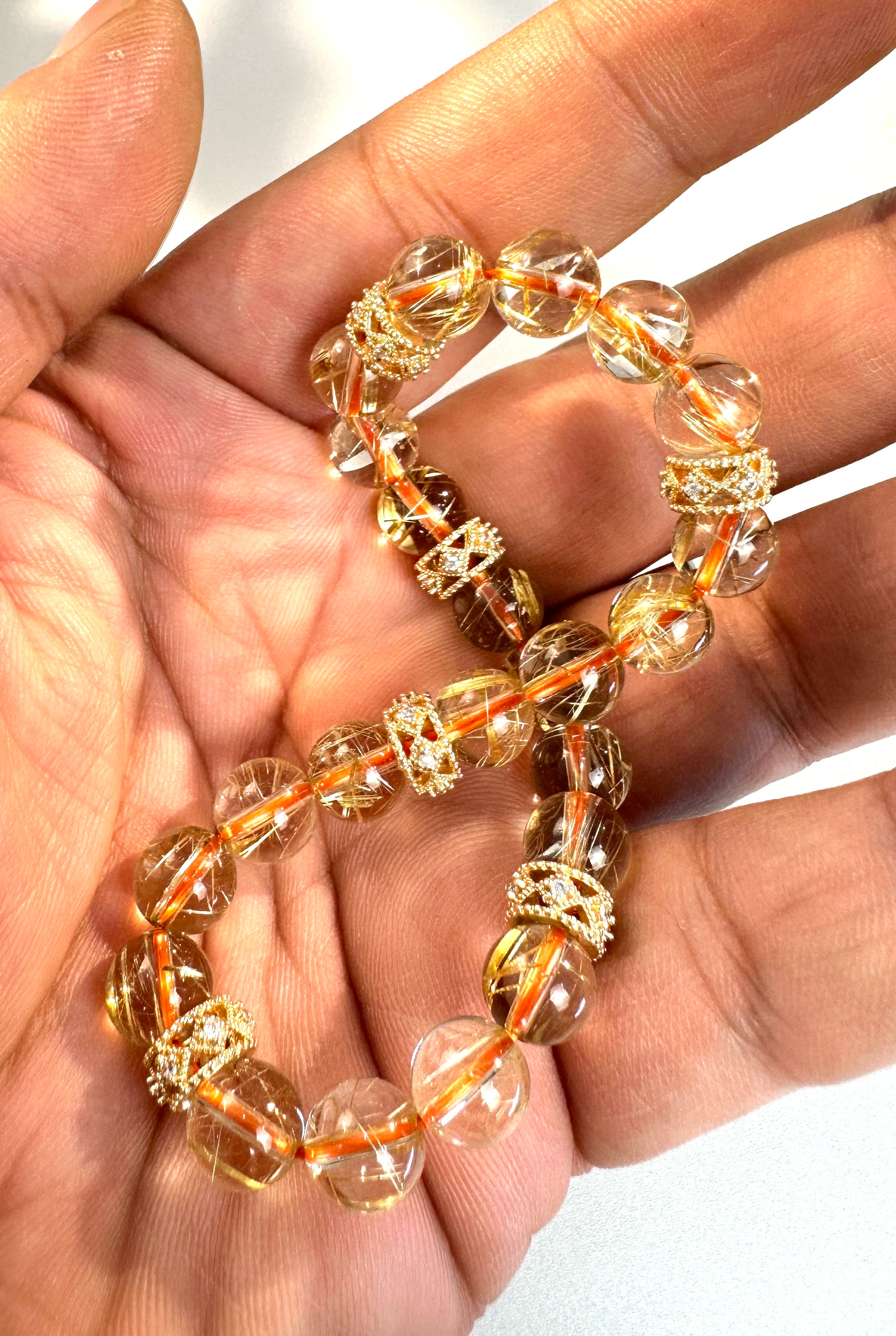 8mm Clear Titanium Rutilated Quartz Bracelet with Rose Gold Tone Spacers, Wealth Crystal