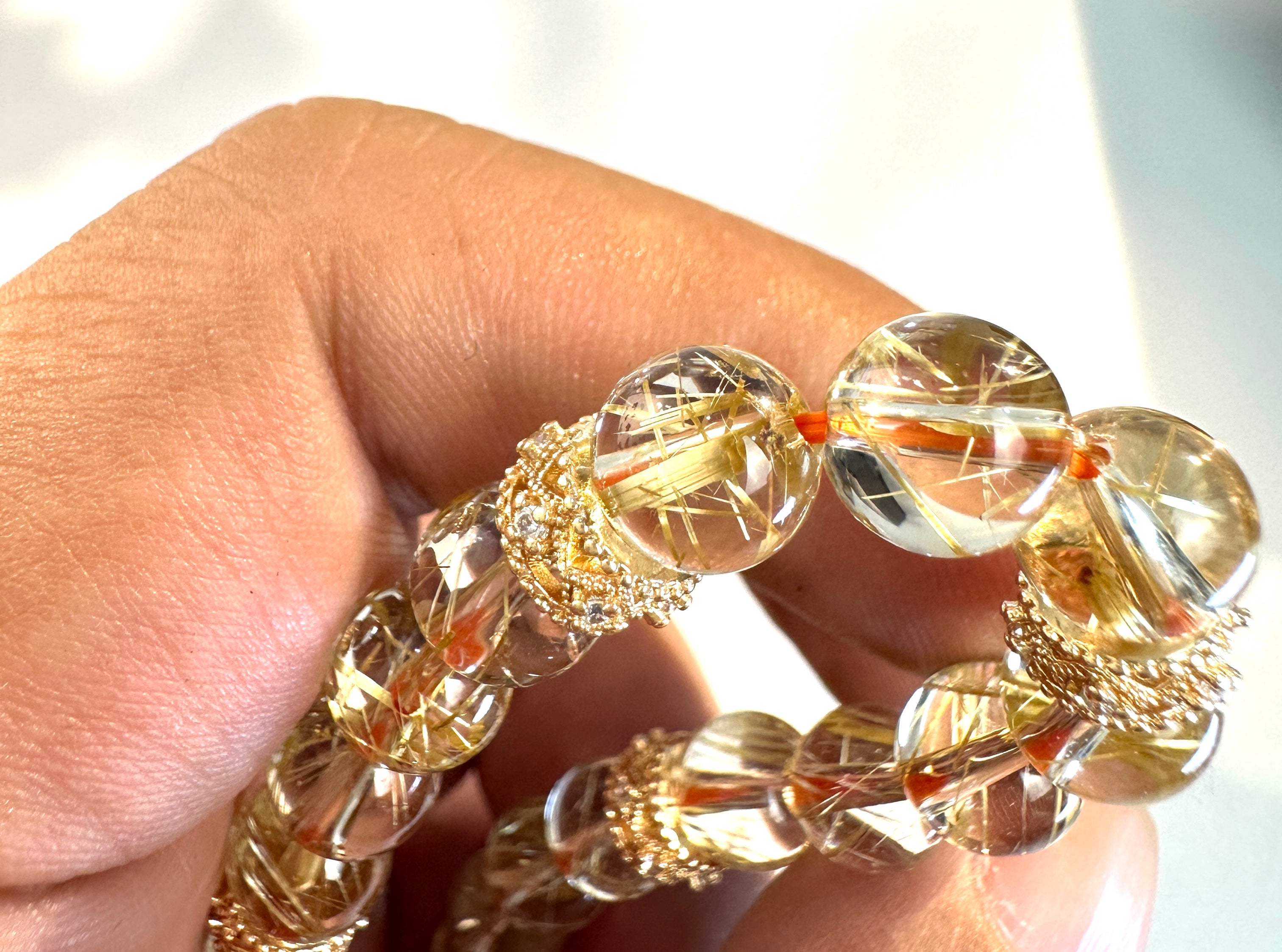 8mm Clear Titanium Rutilated Quartz Bracelet with Rose Gold Tone Spacers, Wealth Crystal