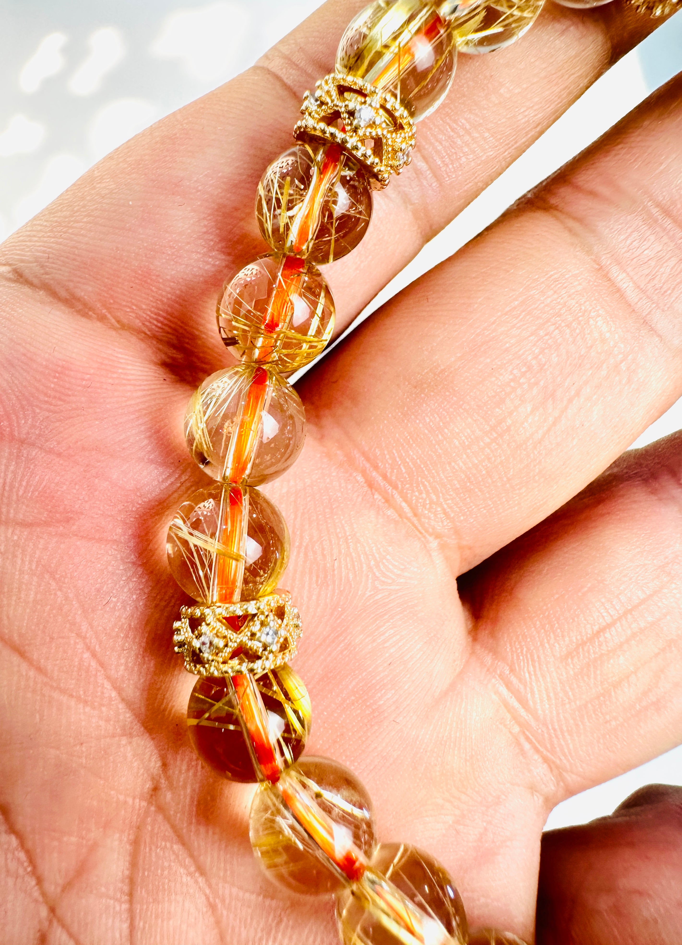 8mm Clear Titanium Rutilated Quartz Bracelet with Rose Gold Tone Spacers, Wealth Crystal