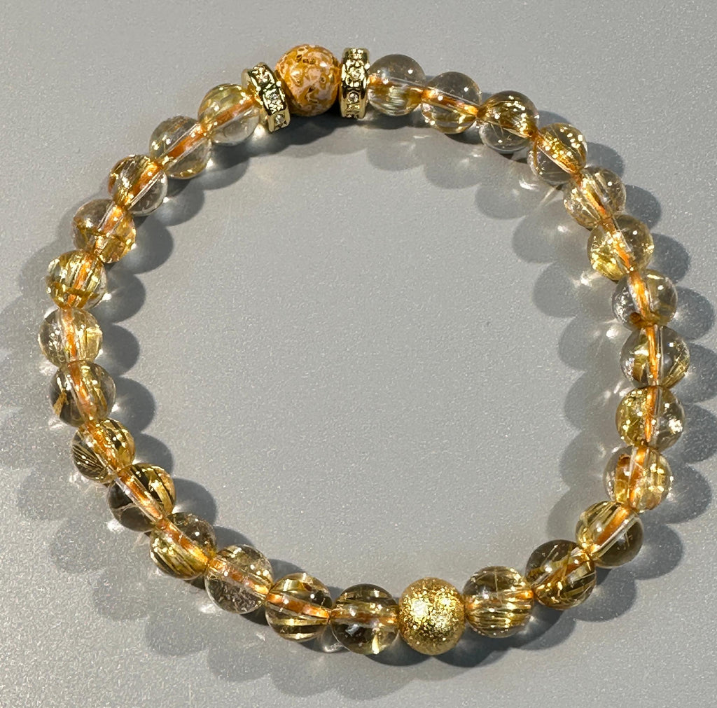 7mm Full Clear Titanium Rutilated Quartz Bracelet with 8mm Lacquer Beads, Wealth Crystal