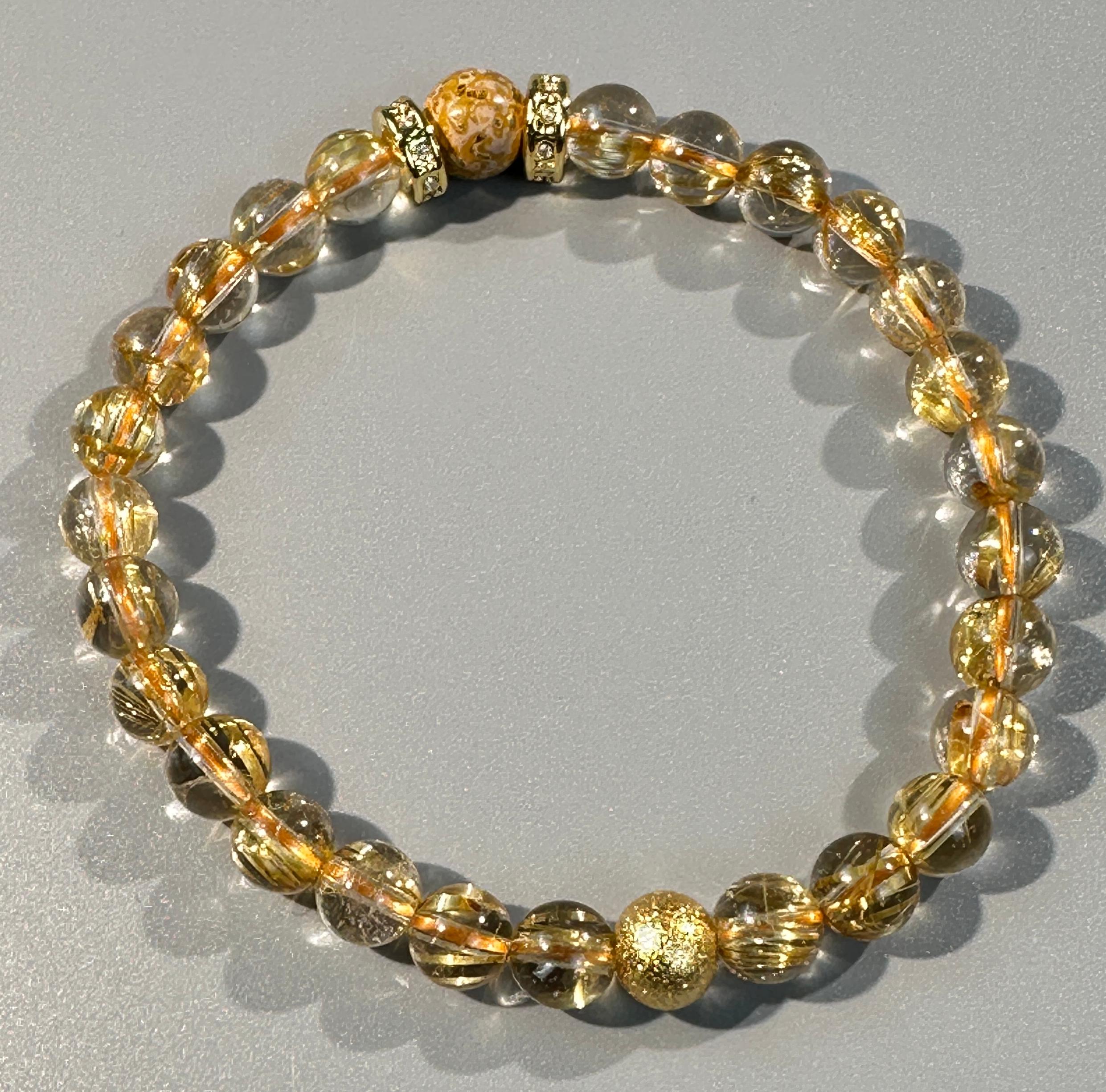 7mm Full Clear Titanium Rutilated Quartz Bracelet with 8mm Lacquer Beads, Wealth Crystal