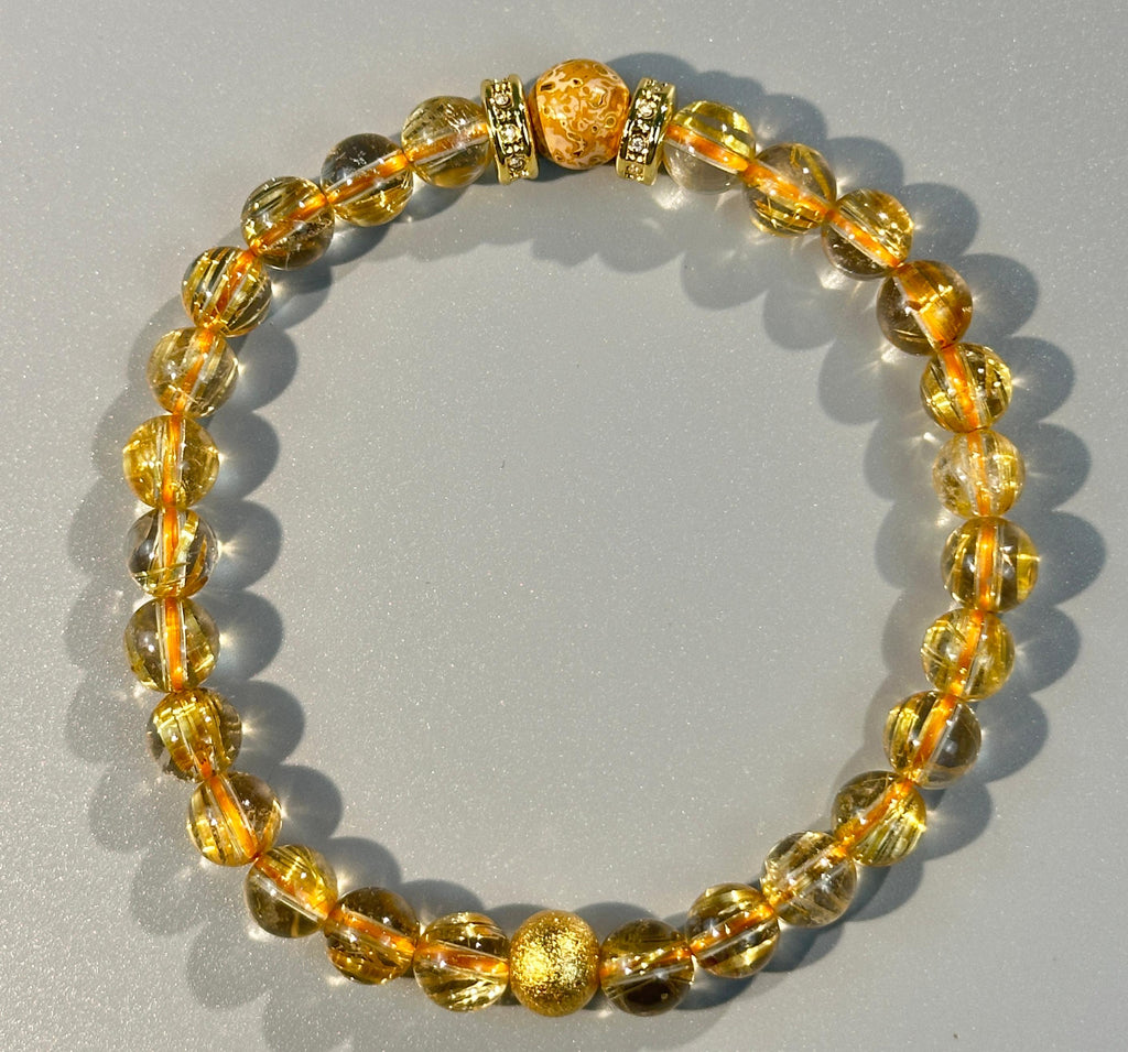7mm Full Clear Titanium Rutilated Quartz Bracelet with 8mm Lacquer Beads, Wealth Crystal