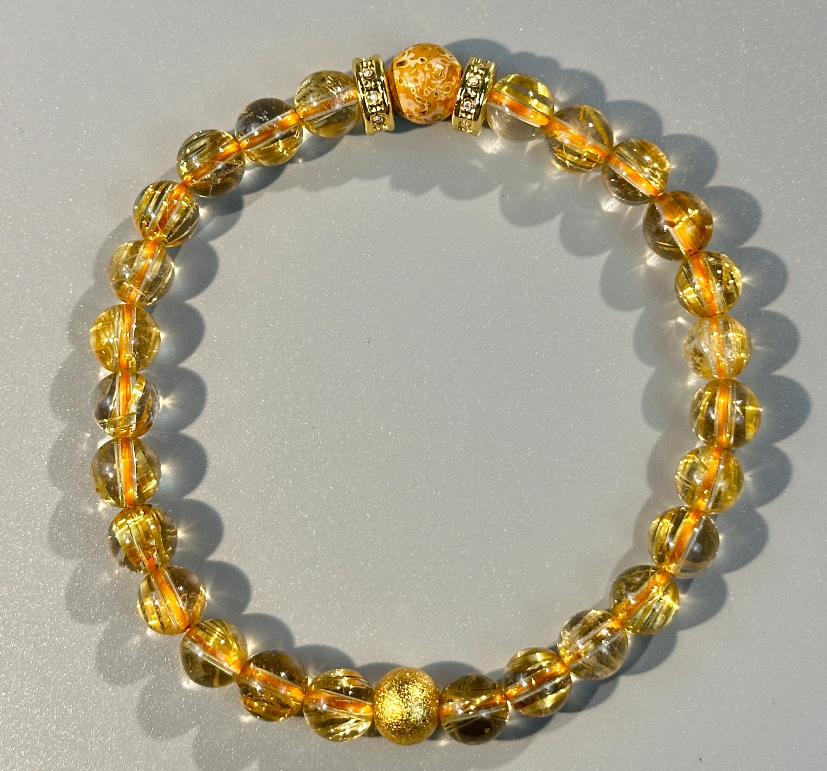 7mm Full Clear Titanium Rutilated Quartz Bracelet with 8mm Lacquer Beads, Wealth Crystal