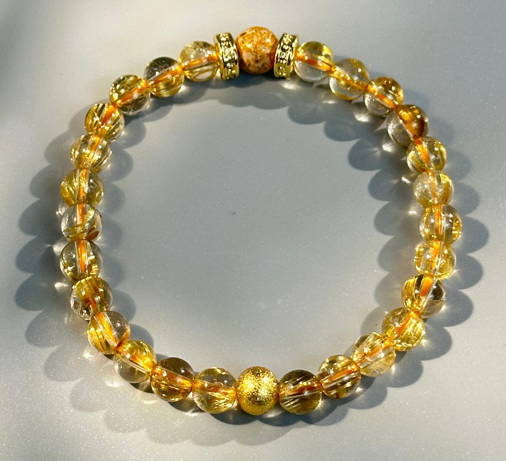 7mm Full Clear Titanium Rutilated Quartz Bracelet with 8mm Lacquer Beads, Wealth Crystal