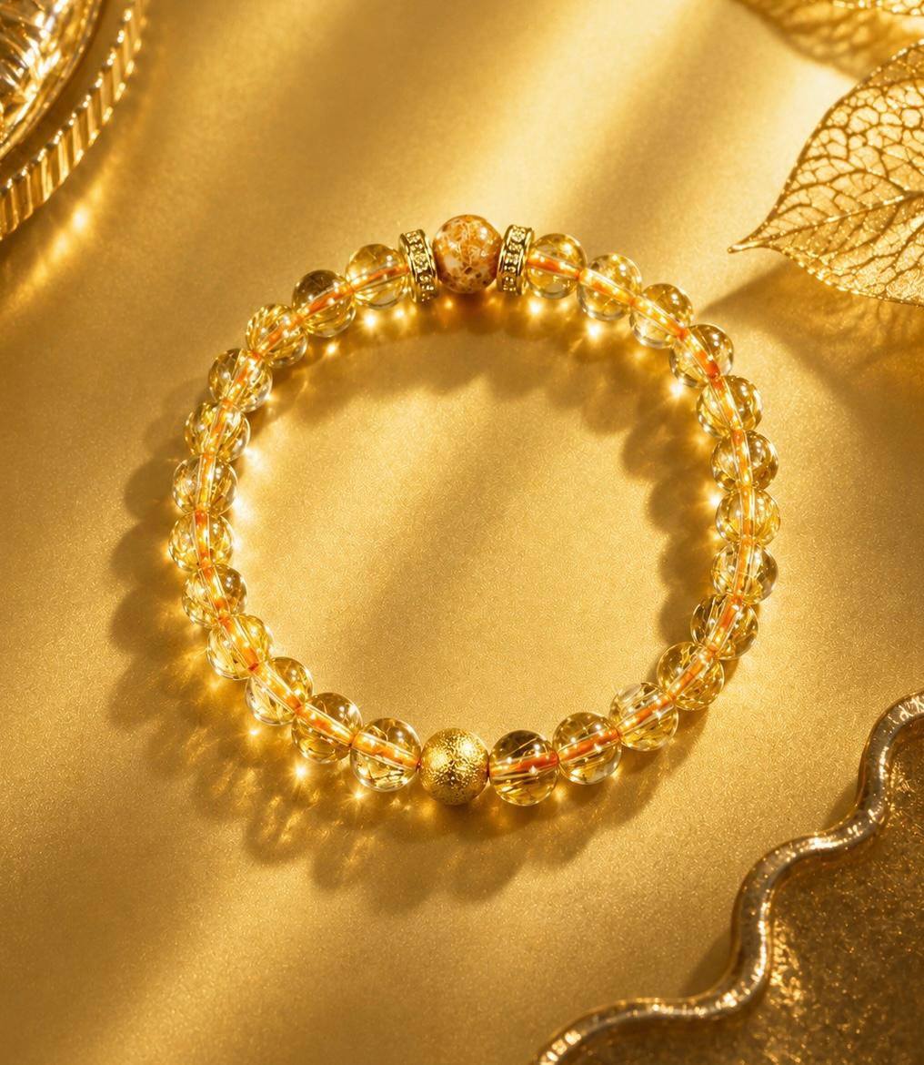 7mm Full Clear Titanium Rutilated Quartz Bracelet with 8mm Lacquer Beads, Wealth Crystal