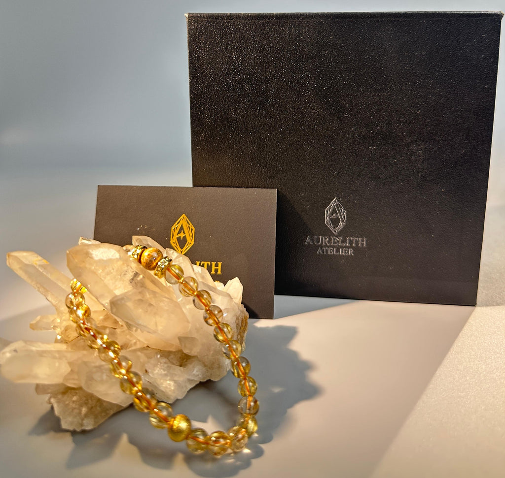 7mm Full Clear Titanium Rutilated Quartz Bracelet with 8mm Lacquer Beads, Wealth Crystal