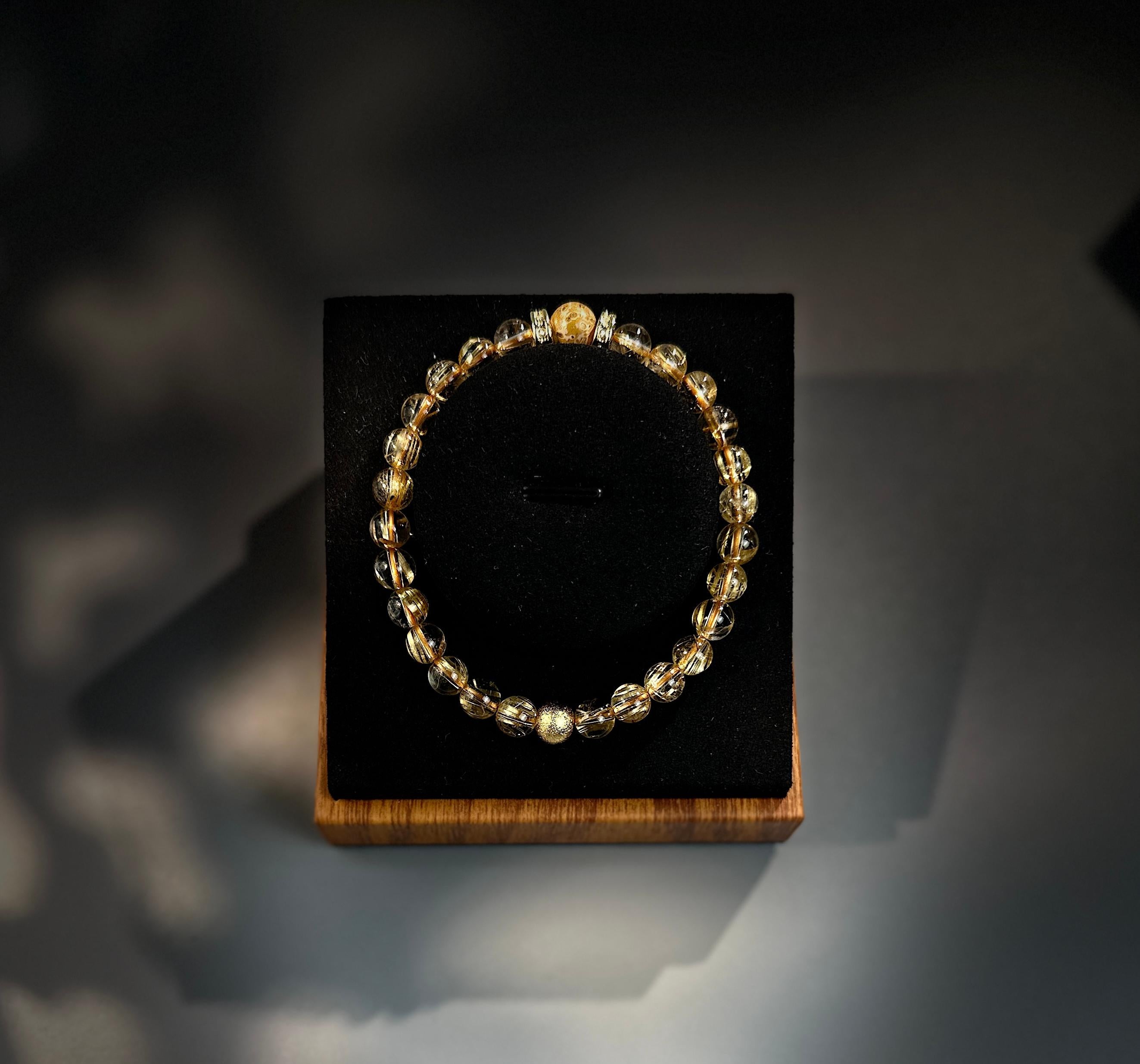 7mm Full Clear Titanium Rutilated Quartz Bracelet with 8mm Lacquer Beads, Wealth Crystal
