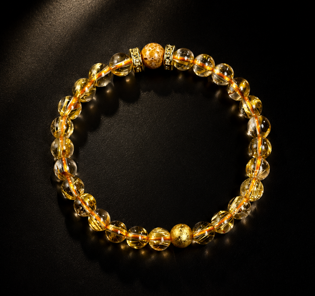 7mm Full Clear Titanium Rutilated Quartz Bracelet with 8mm Lacquer Beads, Wealth Crystal