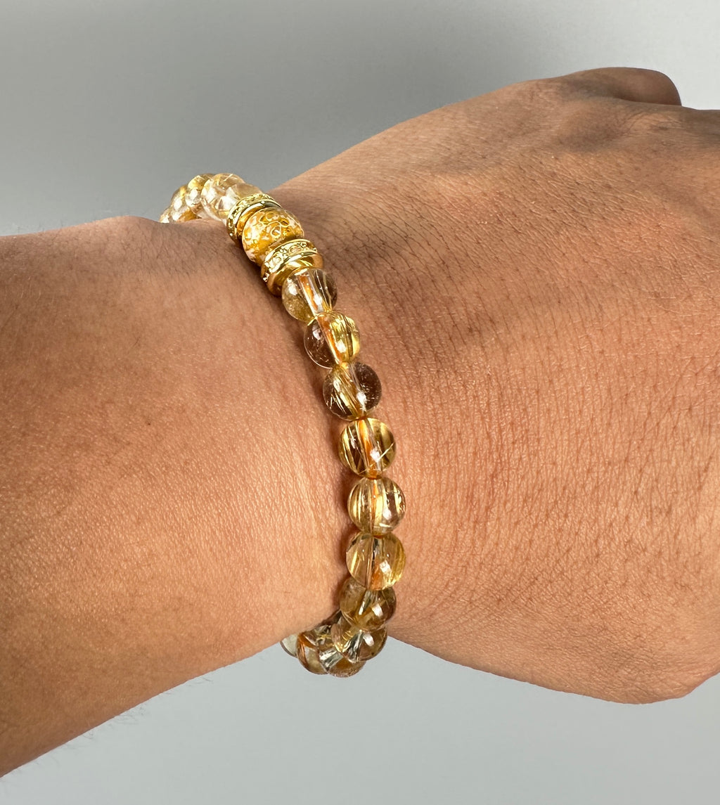 7mm Full Clear Titanium Rutilated Quartz Bracelet with 8mm Lacquer Beads, Wealth Crystal