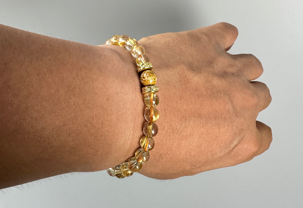 7mm Full Clear Titanium Rutilated Quartz Bracelet with 8mm Lacquer Beads, Wealth Crystal