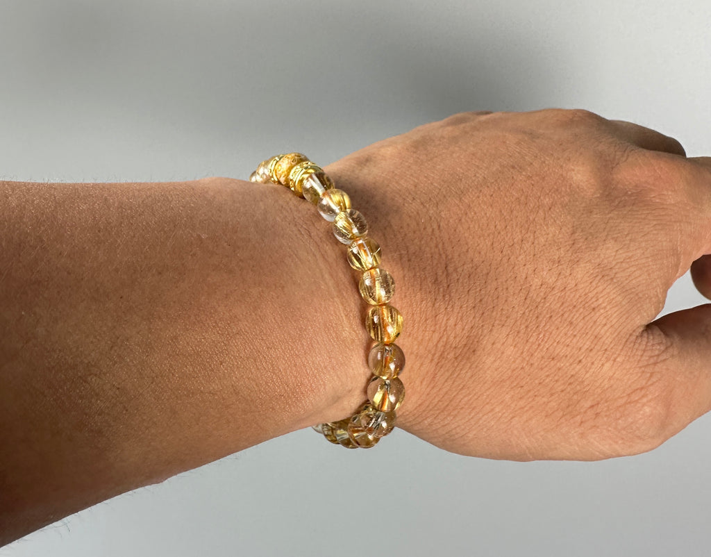 7mm Full Clear Titanium Rutilated Quartz Bracelet with 8mm Lacquer Beads, Wealth Crystal