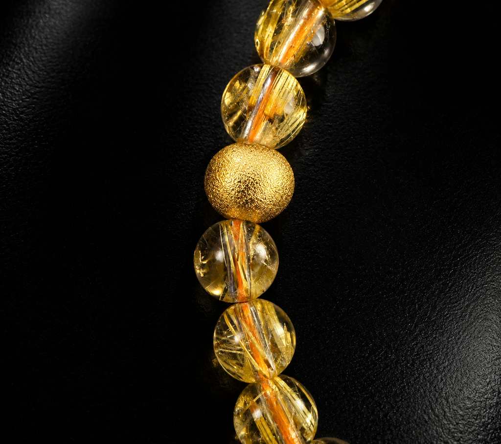7mm Full Clear Titanium Rutilated Quartz Bracelet with 8mm Lacquer Beads, Wealth Crystal