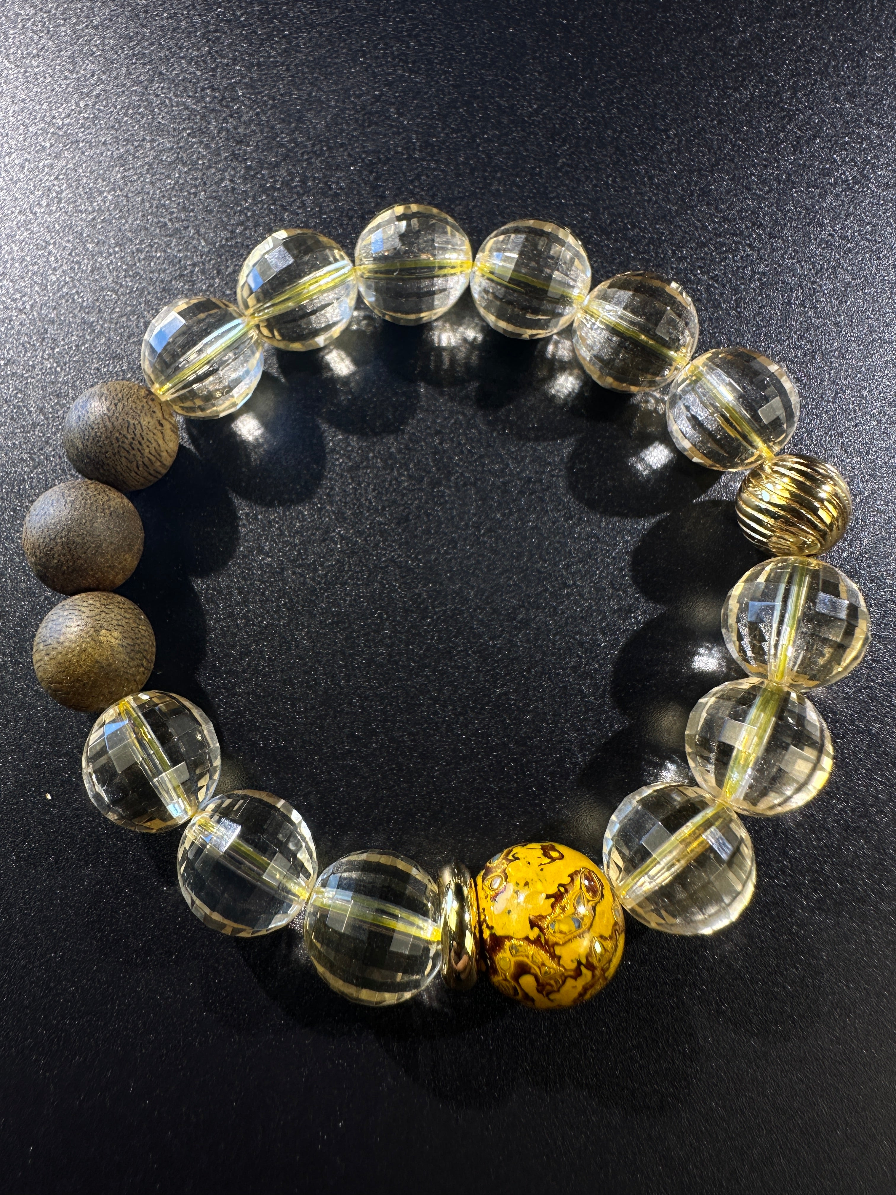Handmade AAA Faceted Citrine Bracelet with Agarwood & Natural Lacquer Beads, Unique Prosperity Calm Talisman