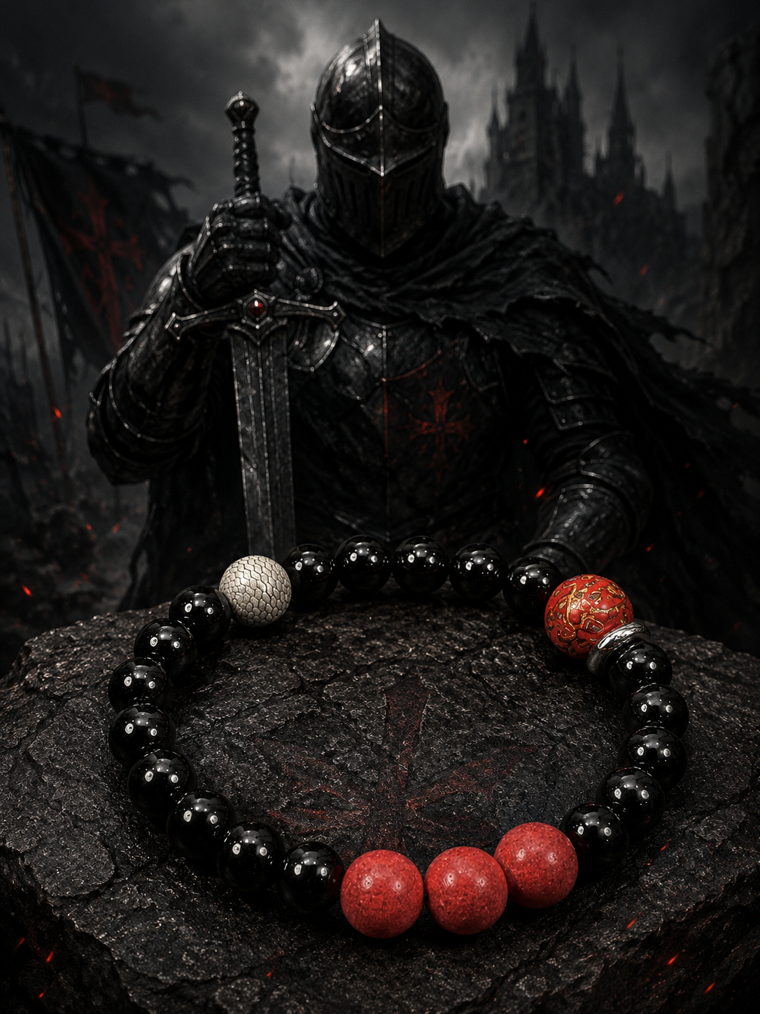 Black Obsidian Bracelet, Sterling Silver Dragon Scale Spacers, Oriental Lacquer Beads, Grounding Talisman