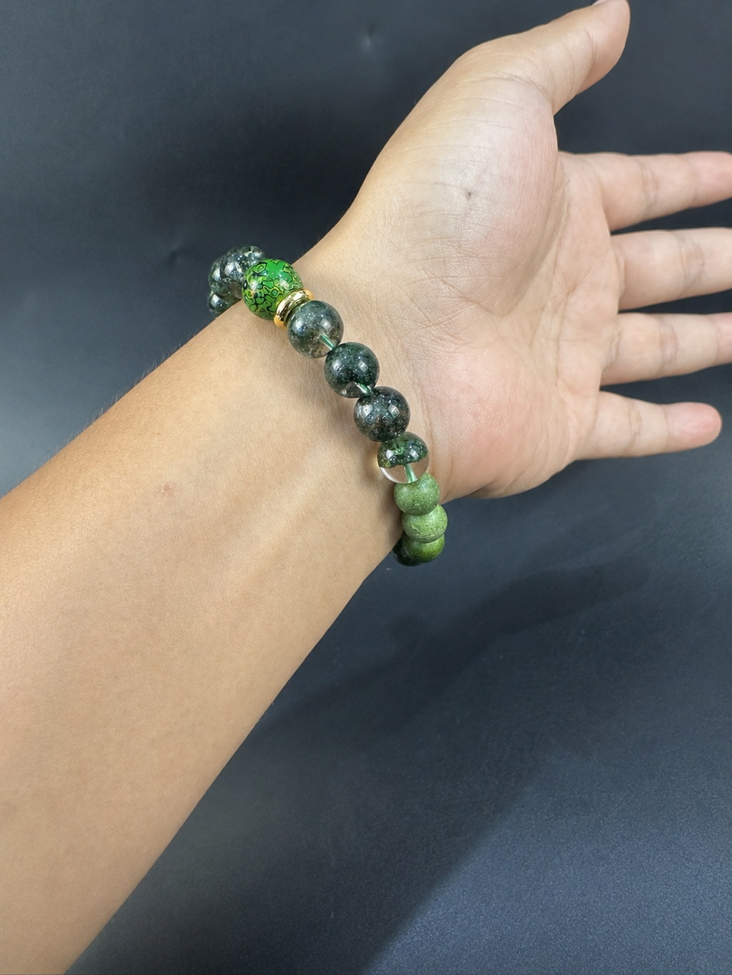 Green Phantom Quartz Bracelet, Half-Pot Inclusions, Wealth Crystal, Mixed Gem Stretch Bracelet