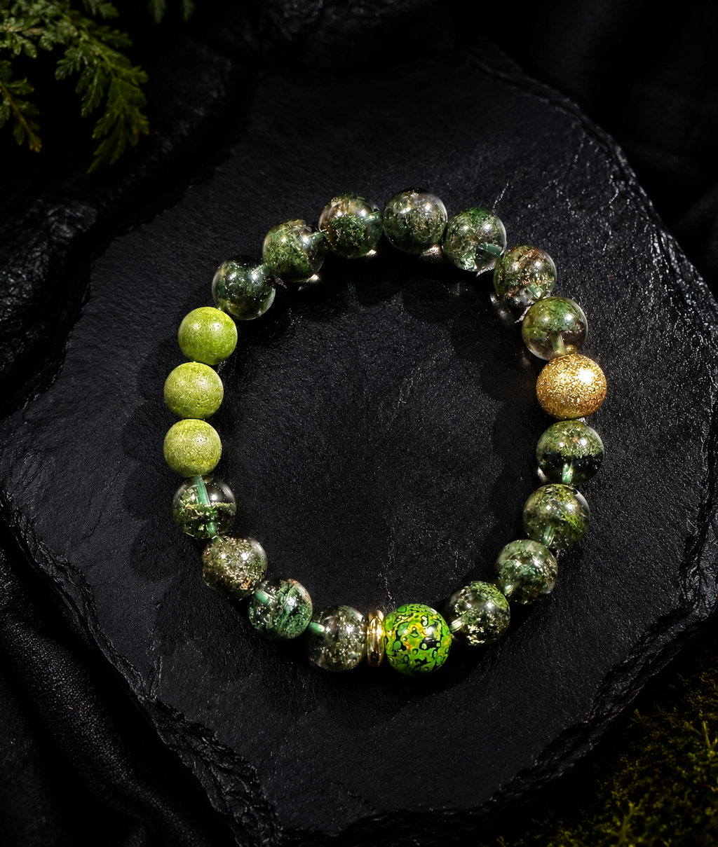 Green Phantom Quartz Bracelet, Half-Pot Inclusions, Wealth Crystal, Mixed Gem Stretch Bracelet