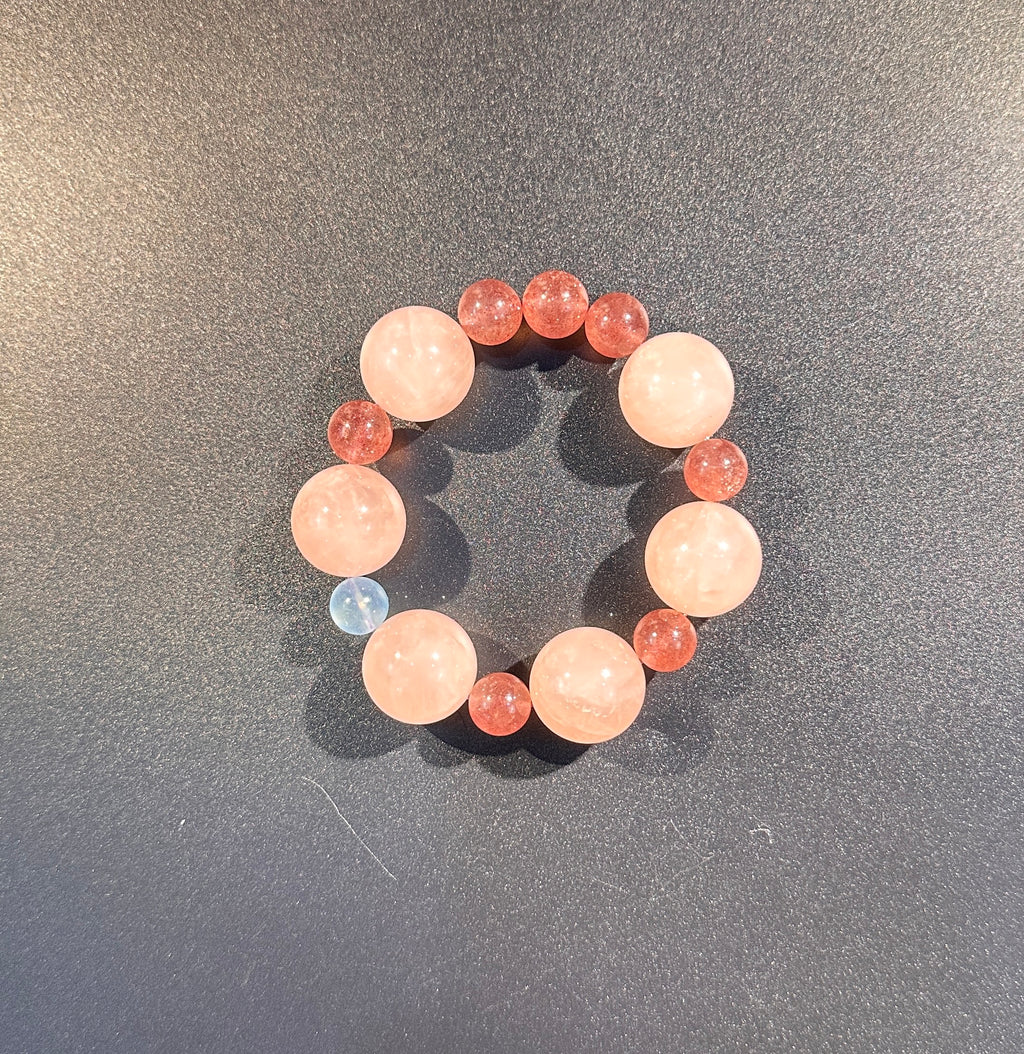 Grapefruit Pink Rose Quartz Bracelet, Mixed Crystal Beaded, Aquamarine Accent, Strawberry Quartz