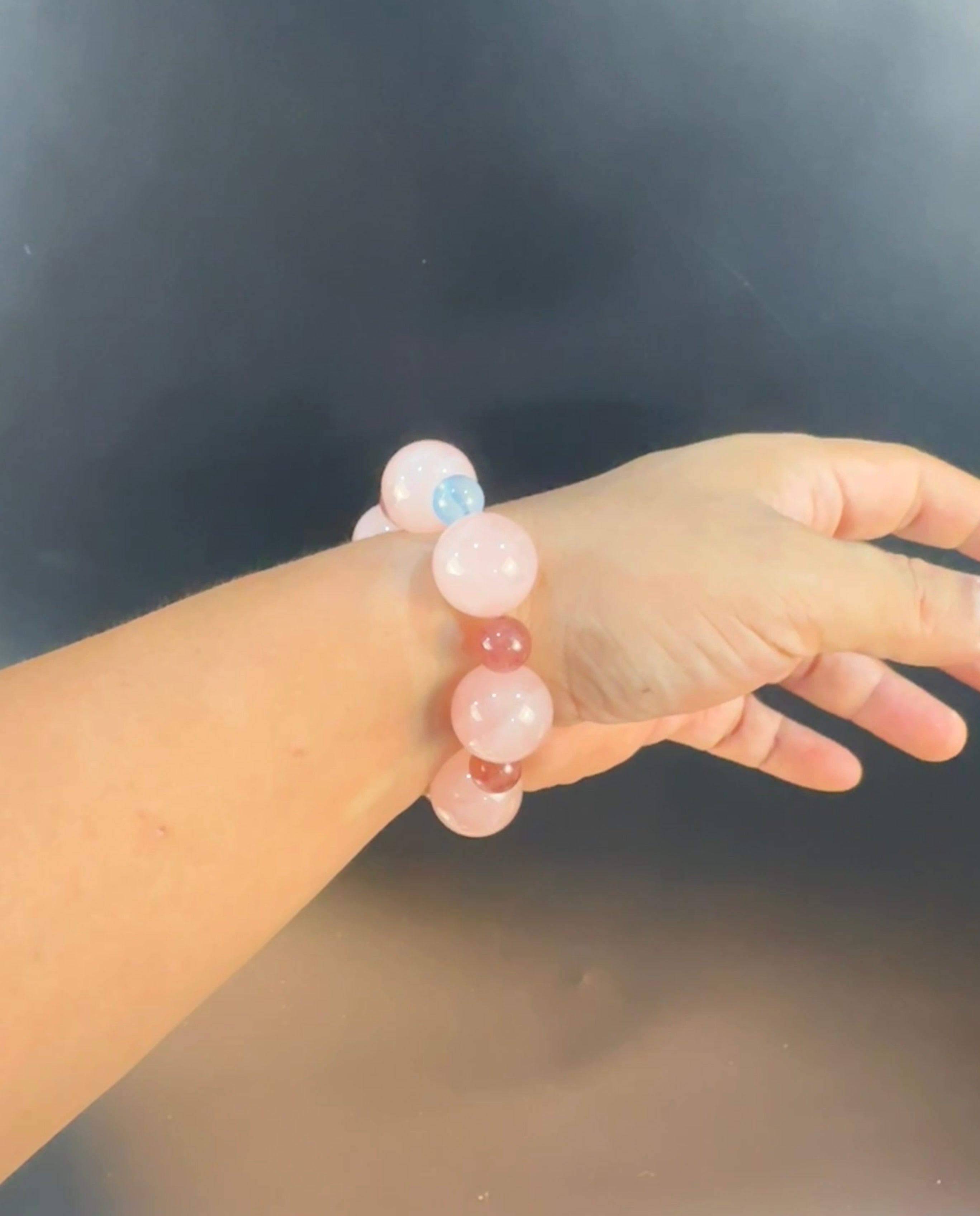 Grapefruit Pink Rose Quartz Bracelet, Mixed Crystal Beaded, Aquamarine Accent, Strawberry Quartz