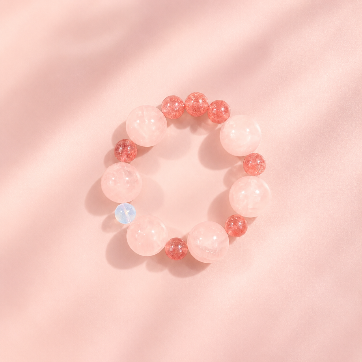 Grapefruit Pink Rose Quartz Bracelet, Mixed Crystal Beaded, Aquamarine Accent, Strawberry Quartz