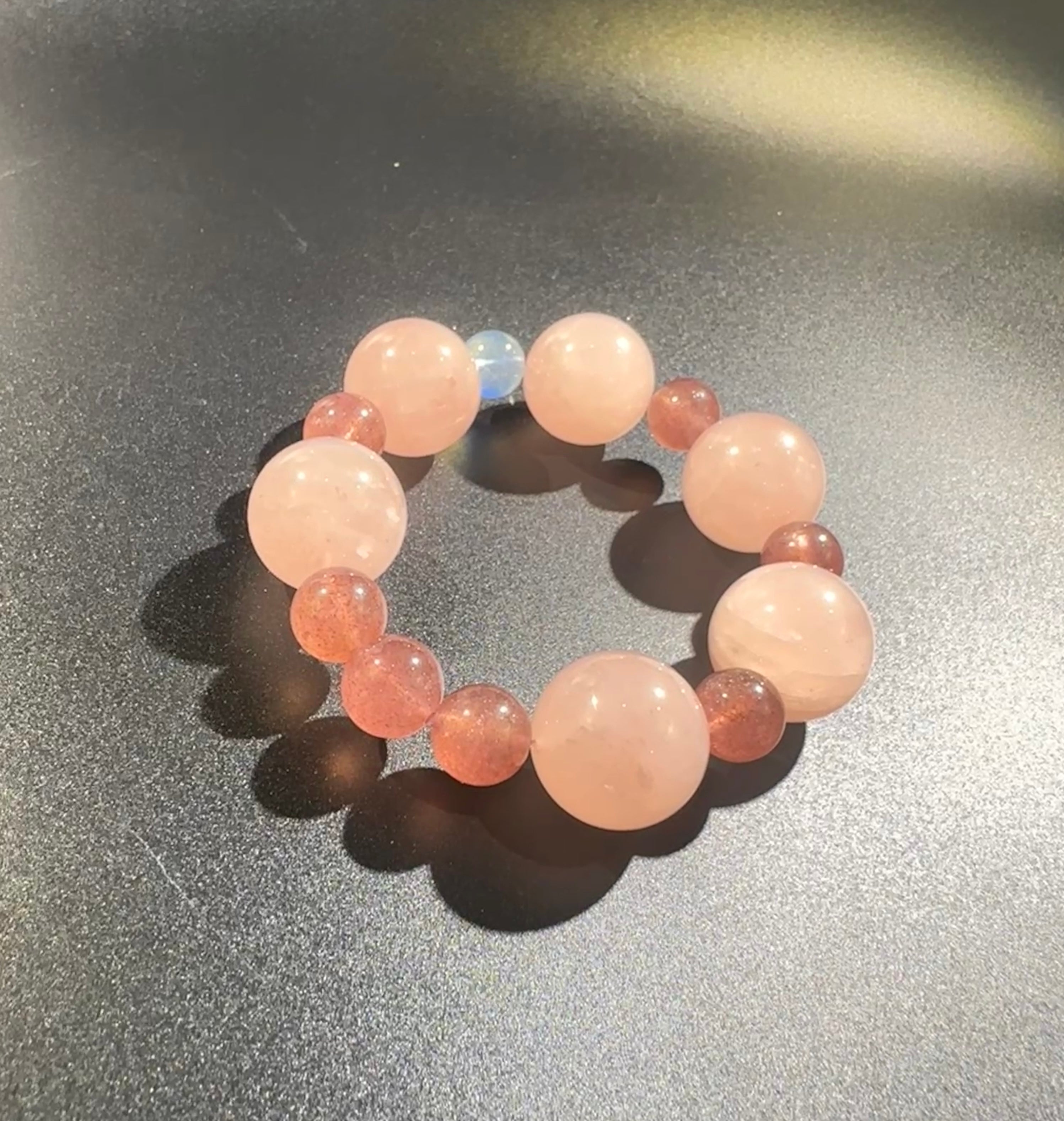 Grapefruit Pink Rose Quartz Bracelet, Mixed Crystal Beaded, Aquamarine Accent, Strawberry Quartz