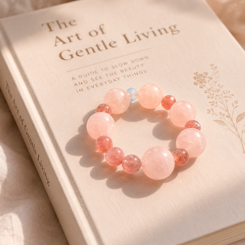 Grapefruit Pink Rose Quartz Bracelet, Mixed Crystal Beaded, Aquamarine Accent, Strawberry Quartz