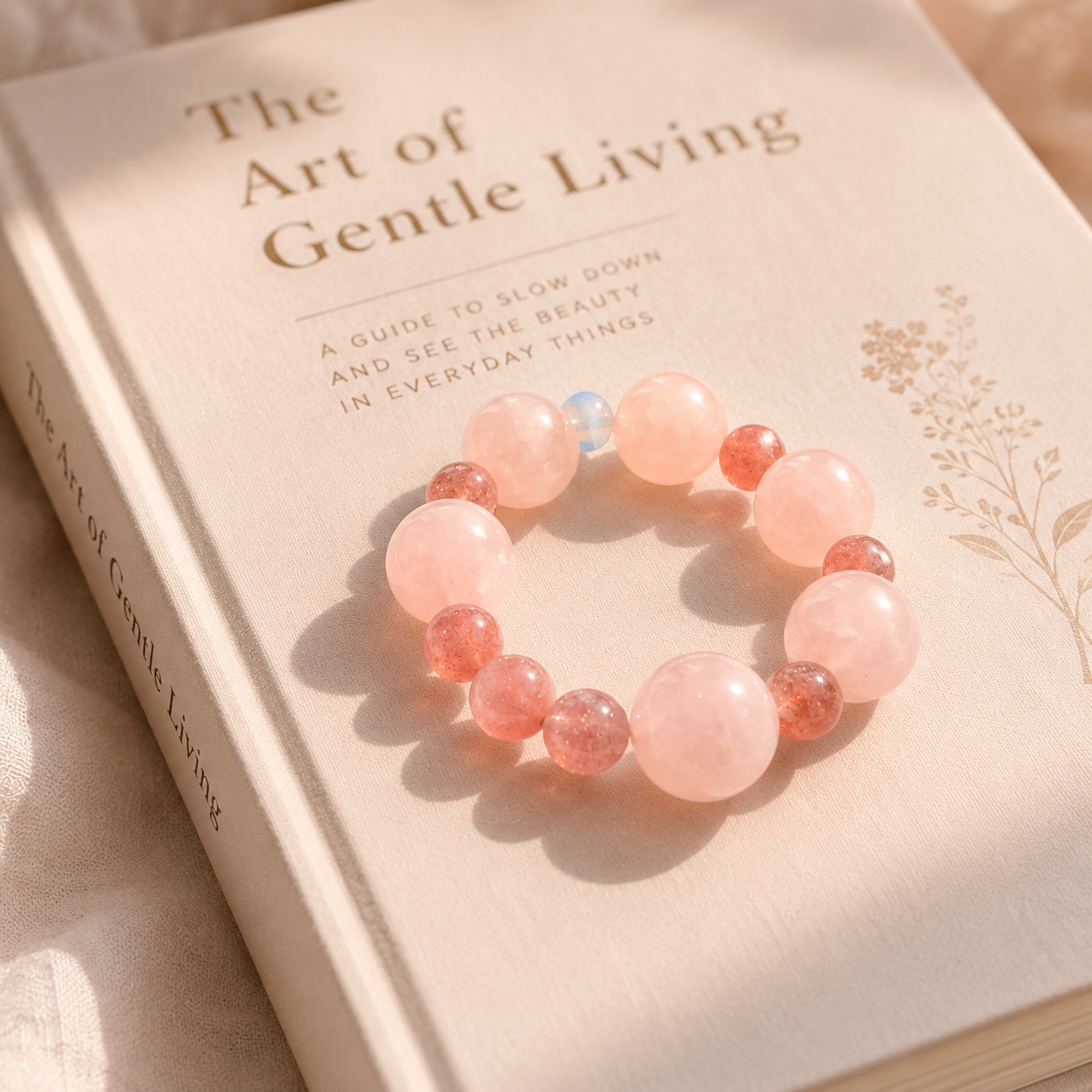Grapefruit Pink Rose Quartz Bracelet, Mixed Crystal Beaded, Aquamarine Accent, Strawberry Quartz