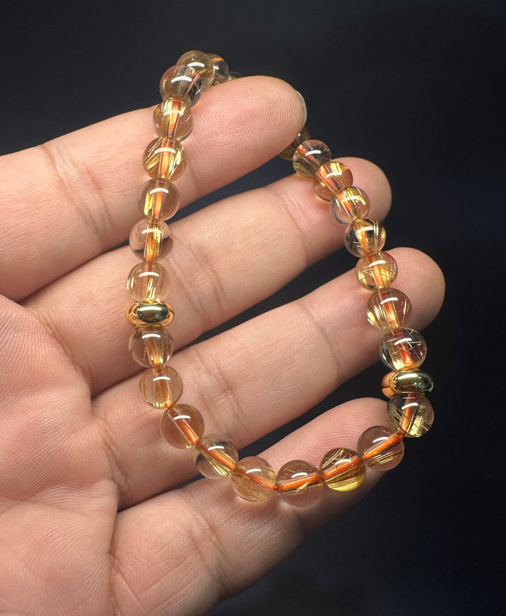 Natural Titanium Rutilated Quartz Bracelet | Thick Blade Golden Rutile, Glass Body, 7.5mm