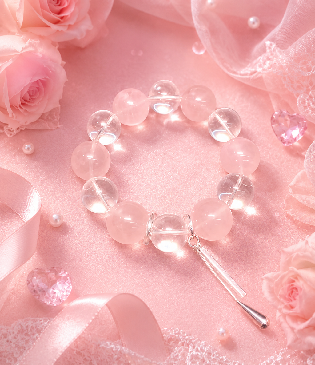 Rose Quartz Bracelet, Clear Quartz, Silver Charm, gift for her, attact love, confidence.