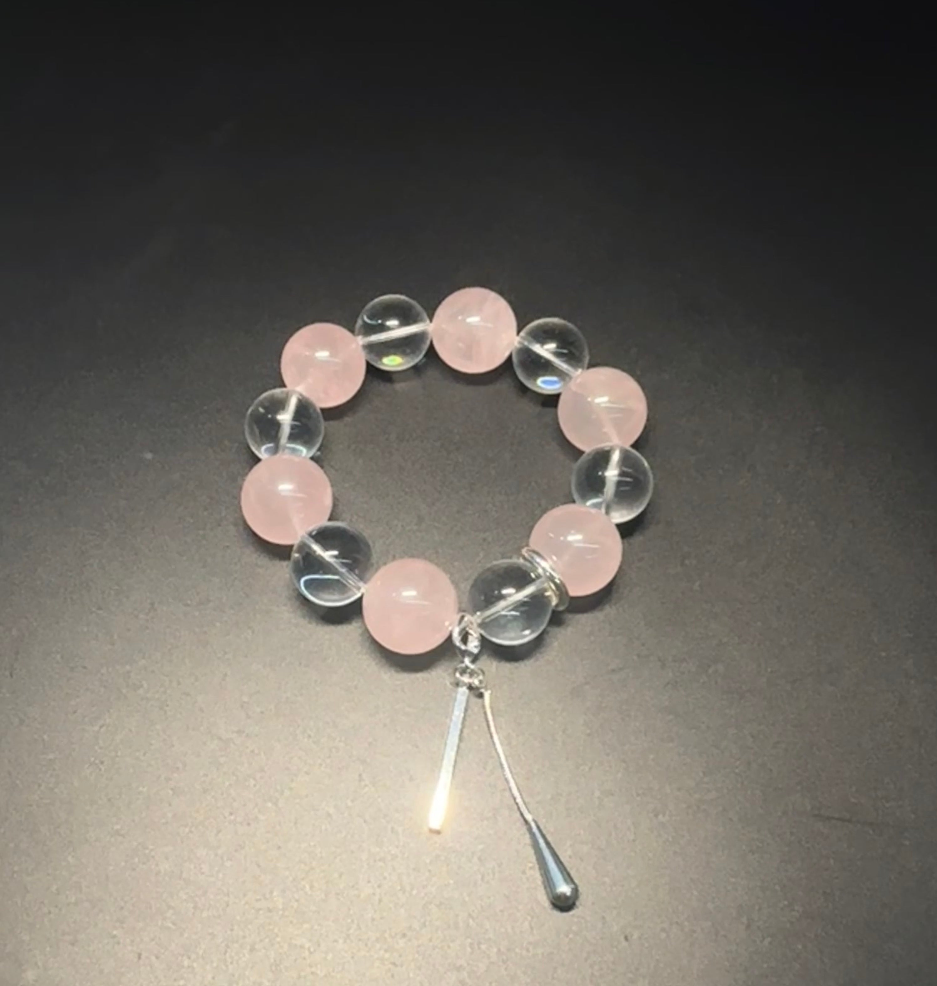 Rose Quartz Bracelet, Clear Quartz, Silver Charm, gift for her, attact love, confidence.
