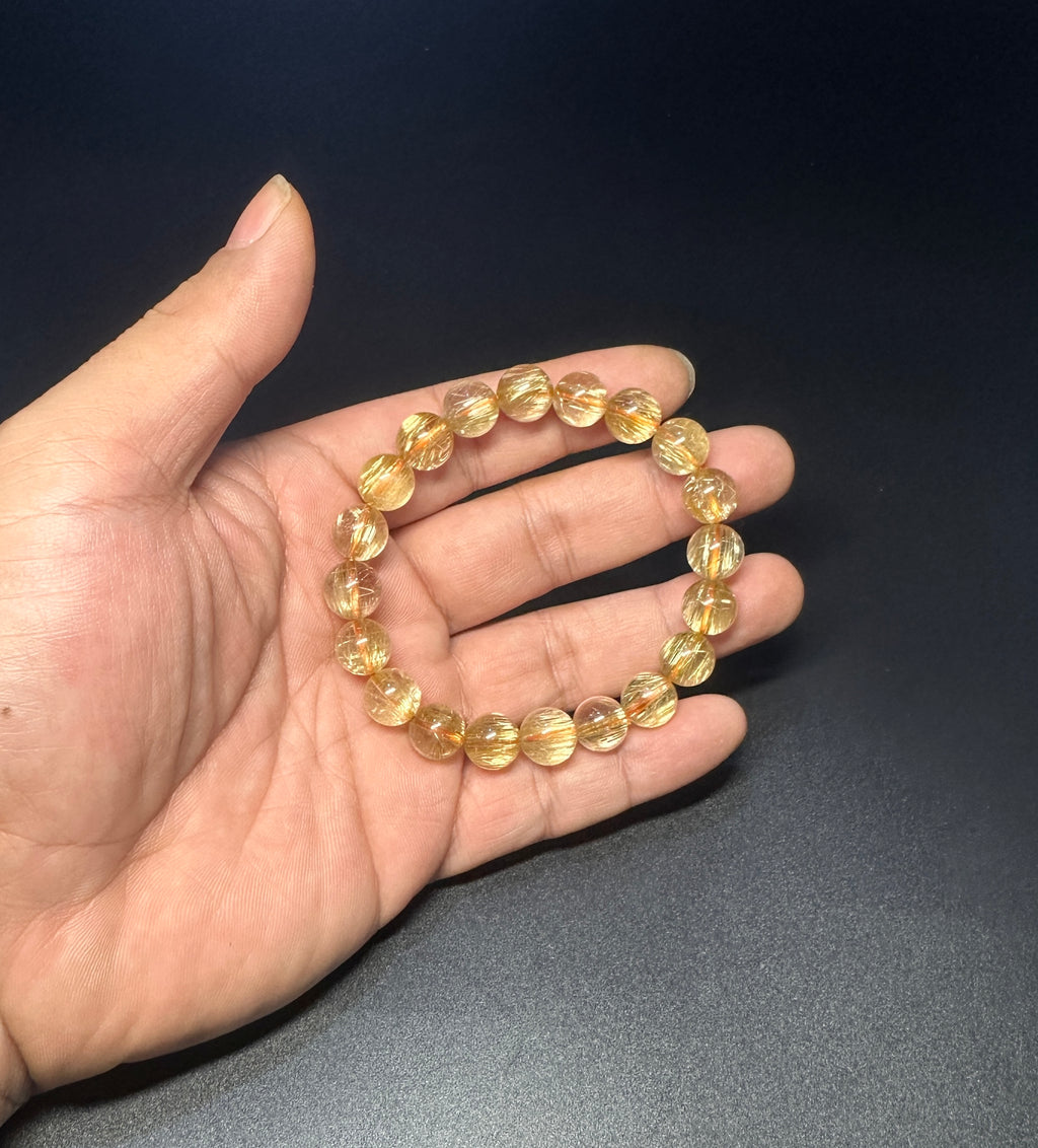10mm Rutilated Quartz Bracelet, Clear Golden Rutile, Titanium Charm, Wealth Crystal, Men's Jewelry.