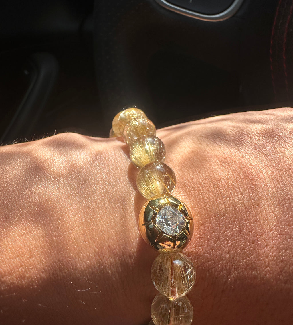 10mm Rutilated Quartz Bracelet, Clear Golden Rutile, Titanium Charm, Wealth Crystal, Men's Jewelry.
