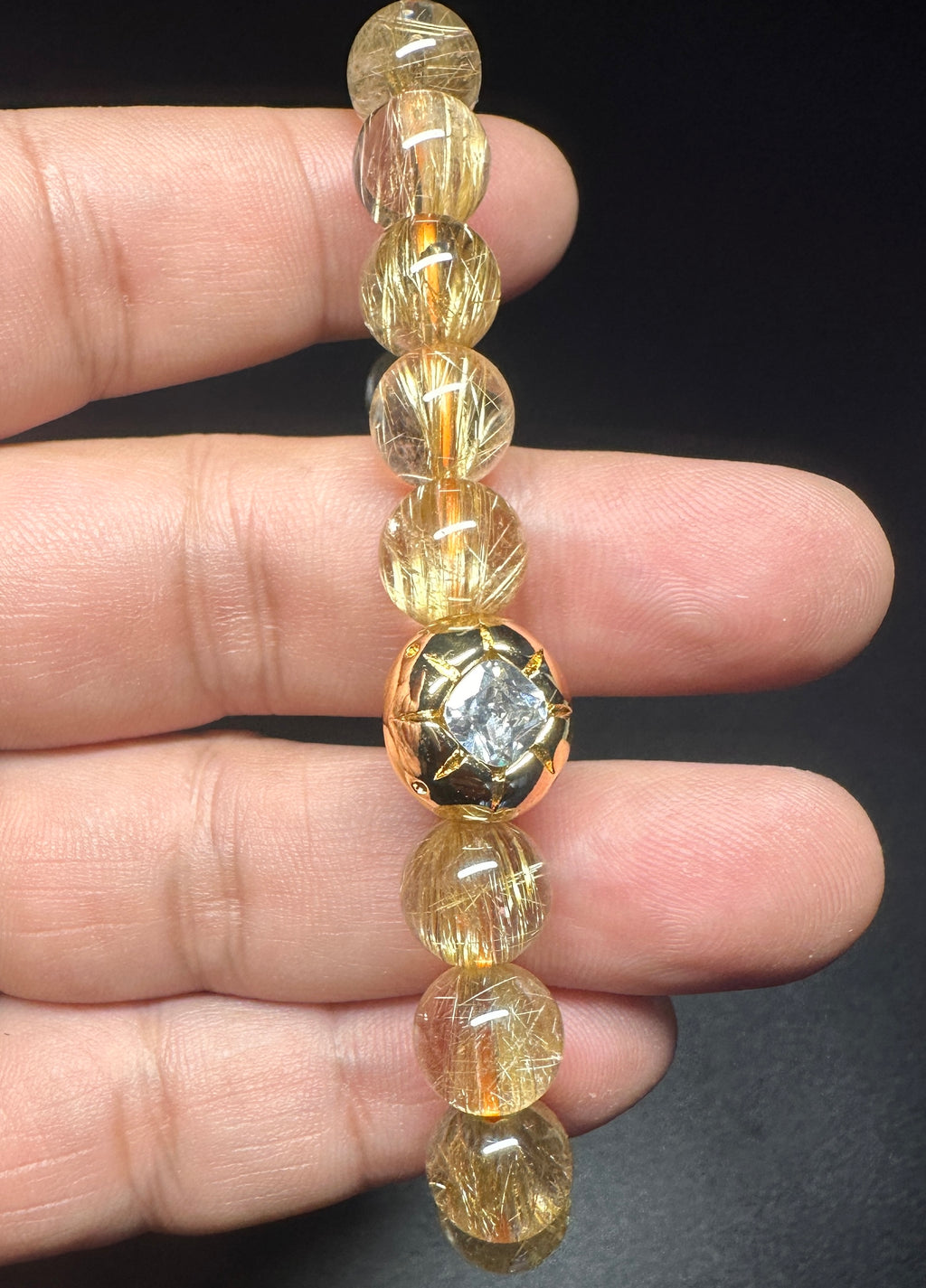 10mm Rutilated Quartz Bracelet, Clear Golden Rutile, Titanium Charm, Wealth Crystal, Men's Jewelry.