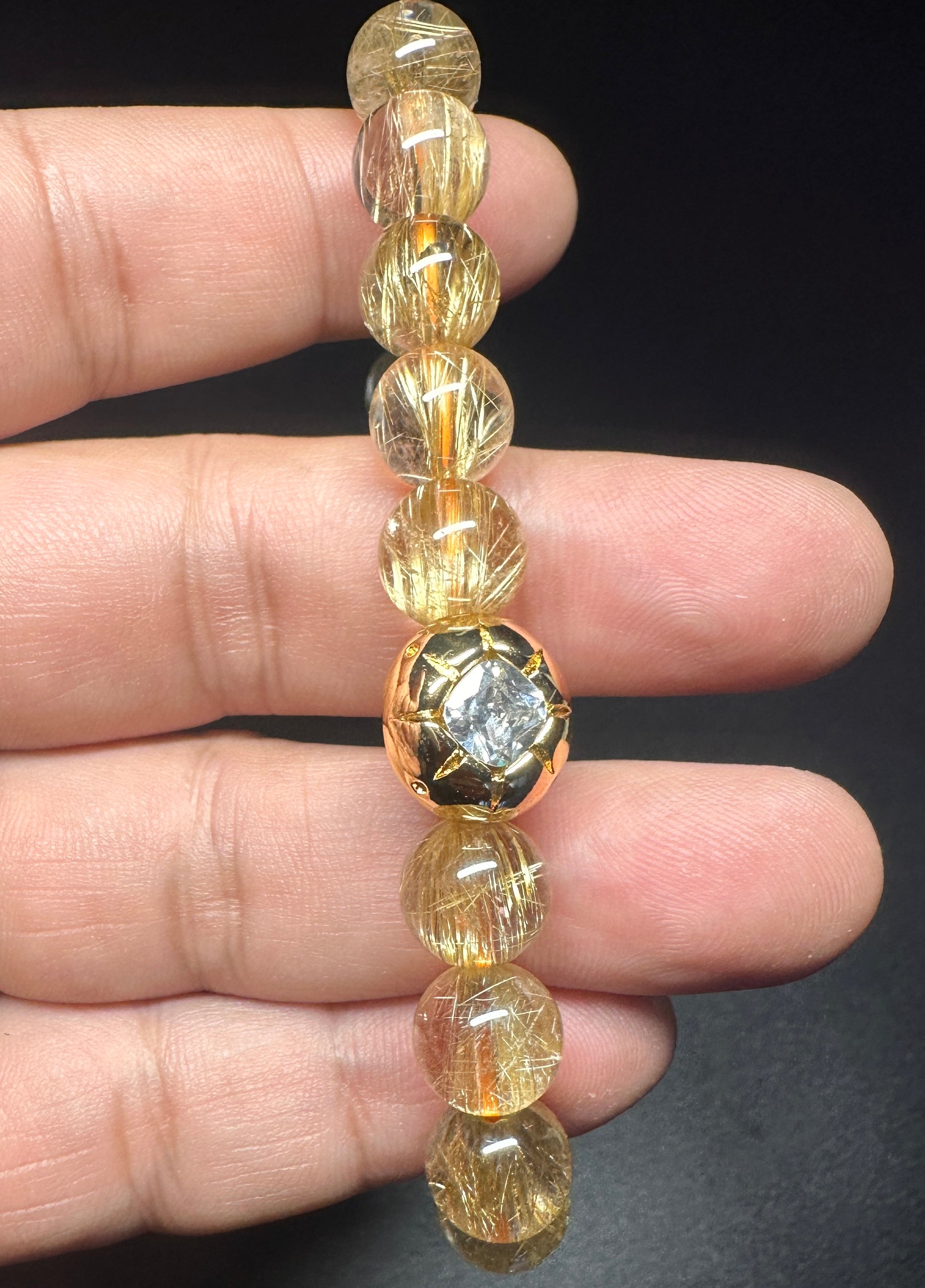 10mm Rutilated Quartz Bracelet, Clear Golden Rutile, Titanium Charm, Wealth Crystal, Men's Jewelry.