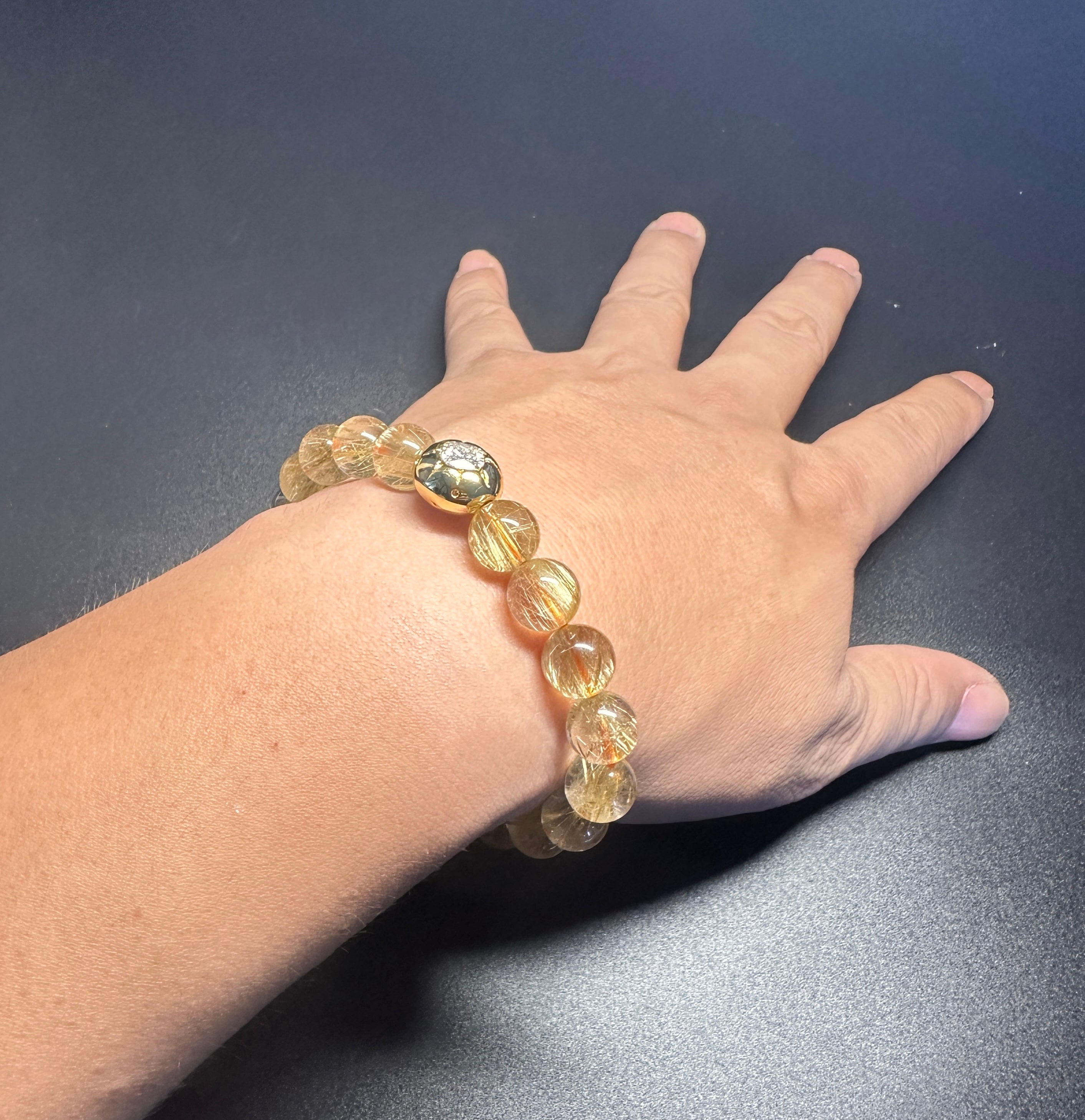 10mm Rutilated Quartz Bracelet, Clear Golden Rutile, Titanium Charm, Wealth Crystal, Men's Jewelry.
