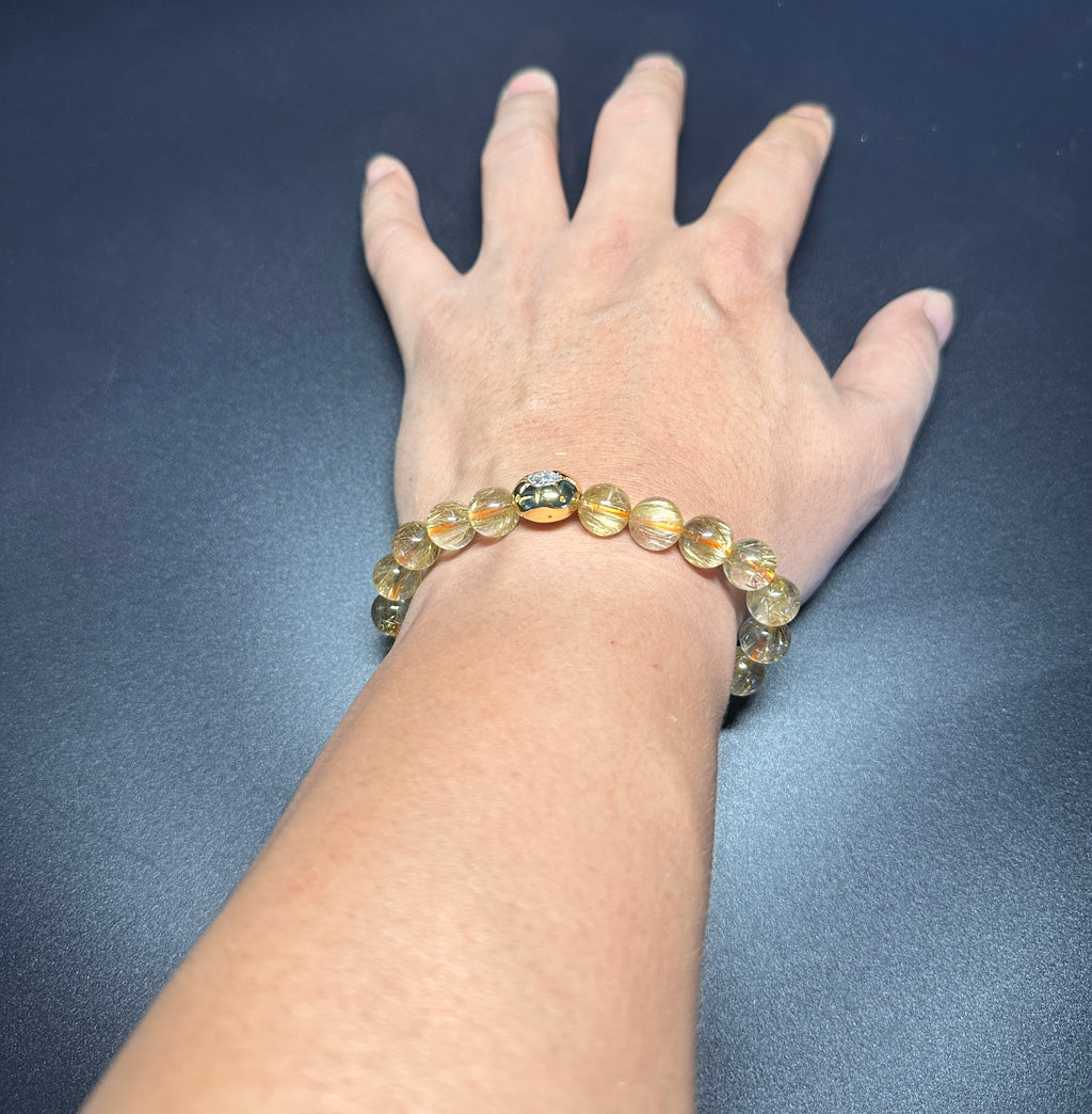 10mm Rutilated Quartz Bracelet, Clear Golden Rutile, Titanium Charm, Wealth Crystal, Men's Jewelry.
