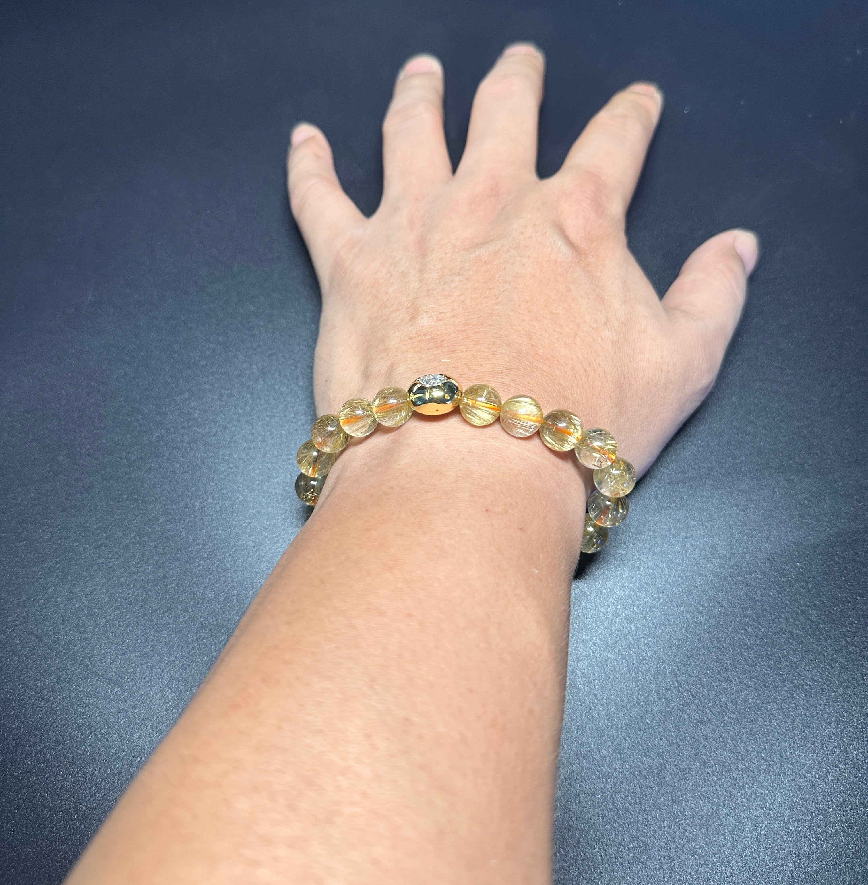 10mm Rutilated Quartz Bracelet, Clear Golden Rutile, Titanium Charm, Wealth Crystal, Men's Jewelry.